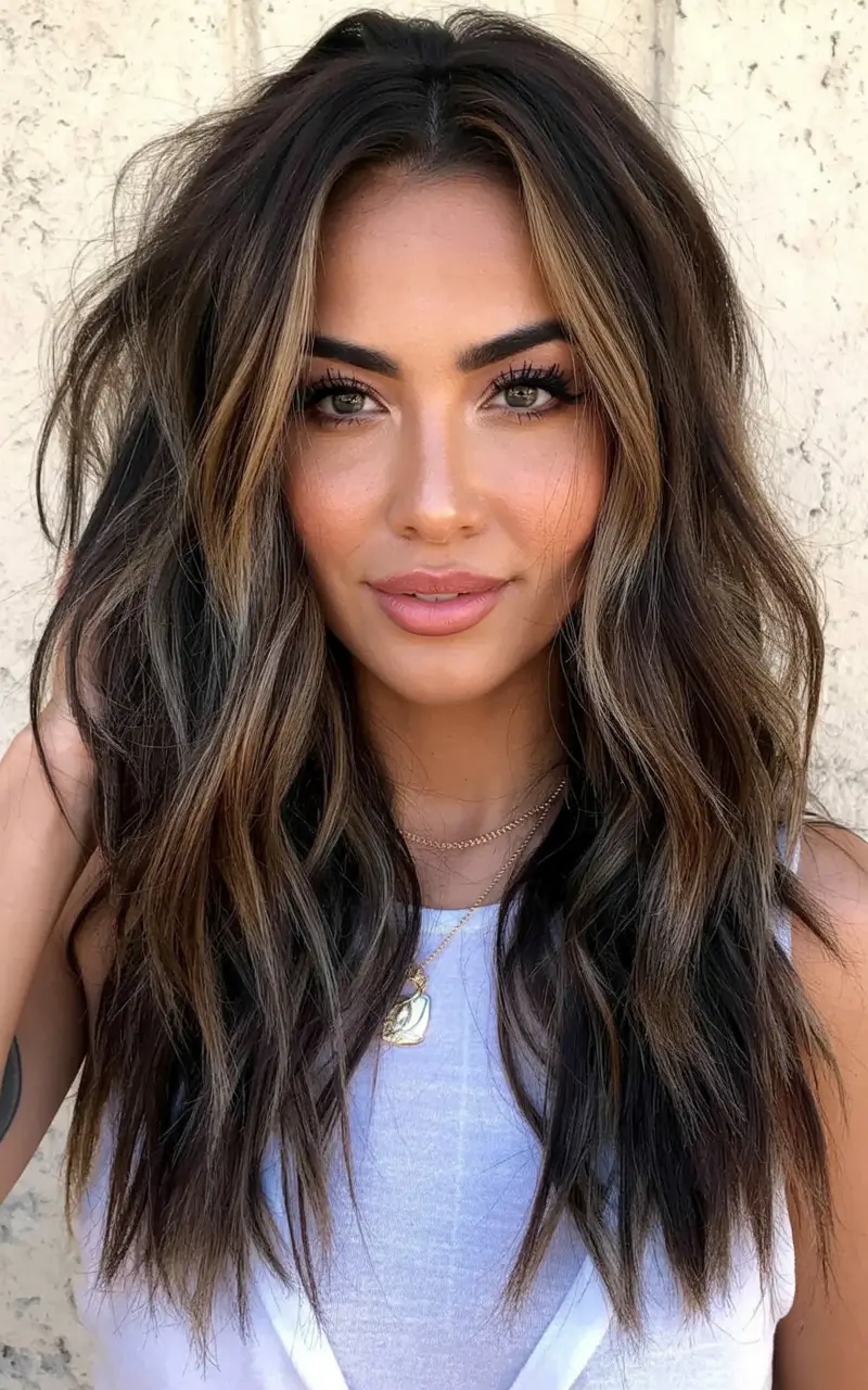 dark brown hair color 2026 Beach-Ready Mocha Lights