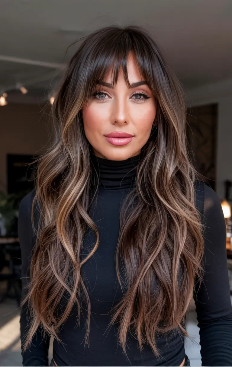 dark brown hair color 2026 Face-Framing Hazelnut Fringe