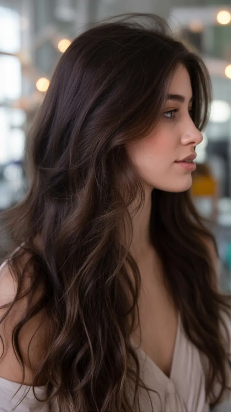 dark brown hair color 2026 Wavy Brunette with Face-Framing Movement