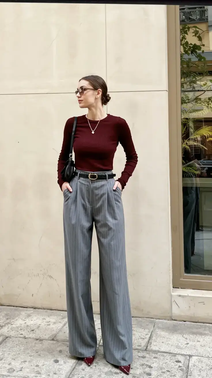 Everyday outfit inspiration 2026 Burgundy and Pinstripe Precision