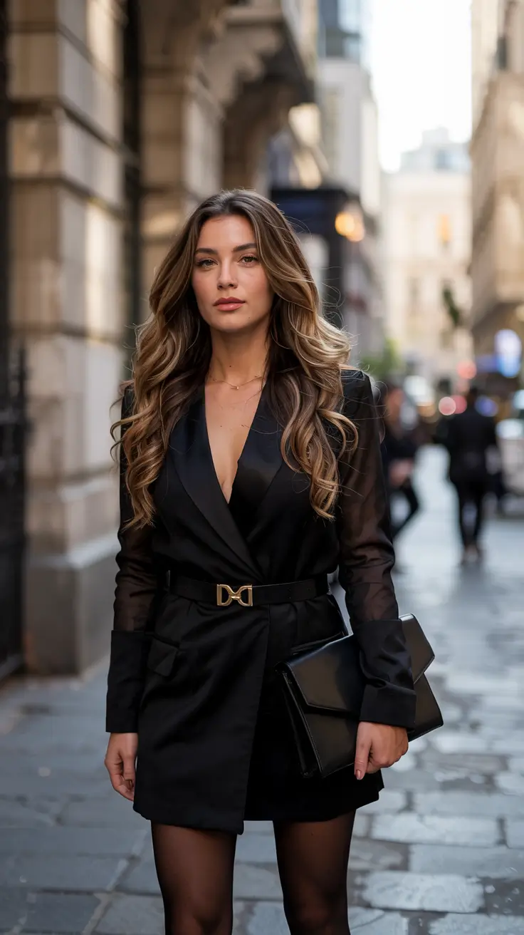 First date outfits for women 2026 Chic Urban Night Look with a Tailored Mini Blazer Dress