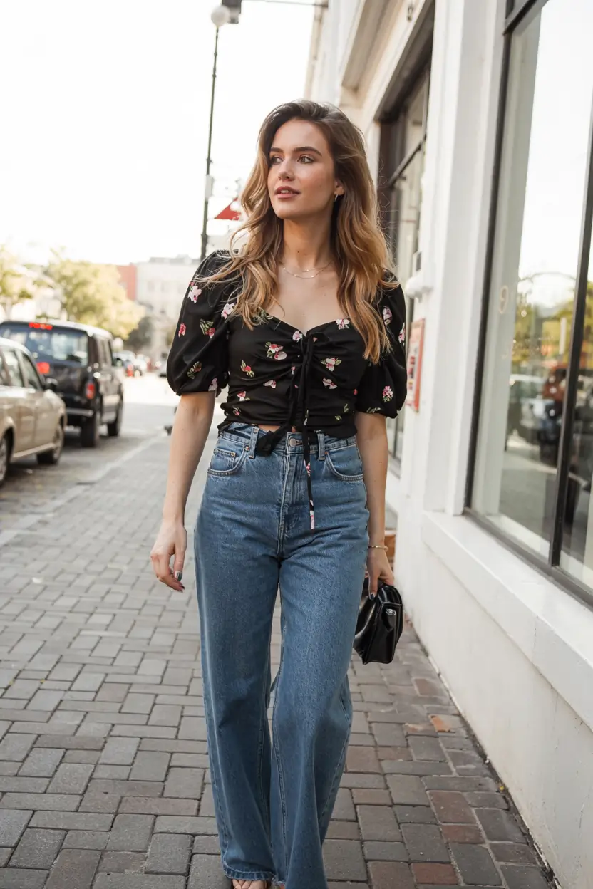 First date outfits for women 2026 Relaxed Denim and a Flirty Top for Daytime Plans