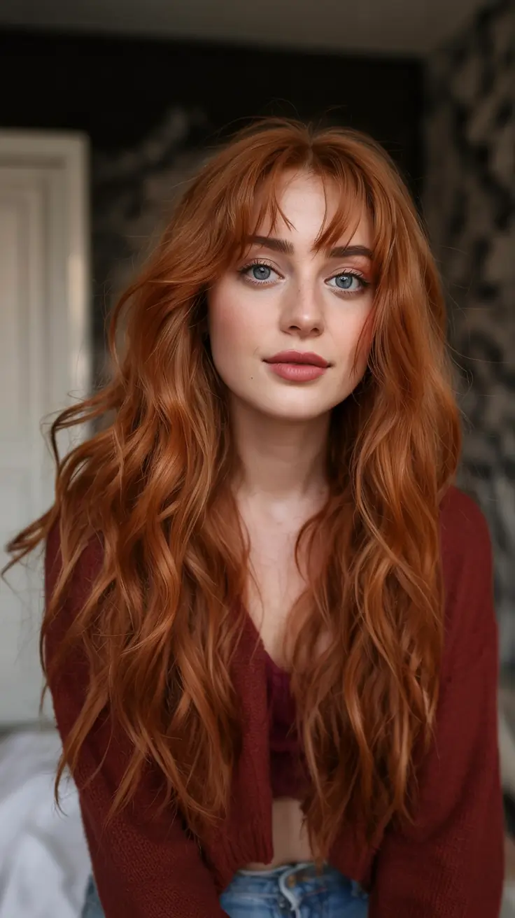 ginger hair color 2026+Textured Ginger Layers with Airy Curtain Bangs