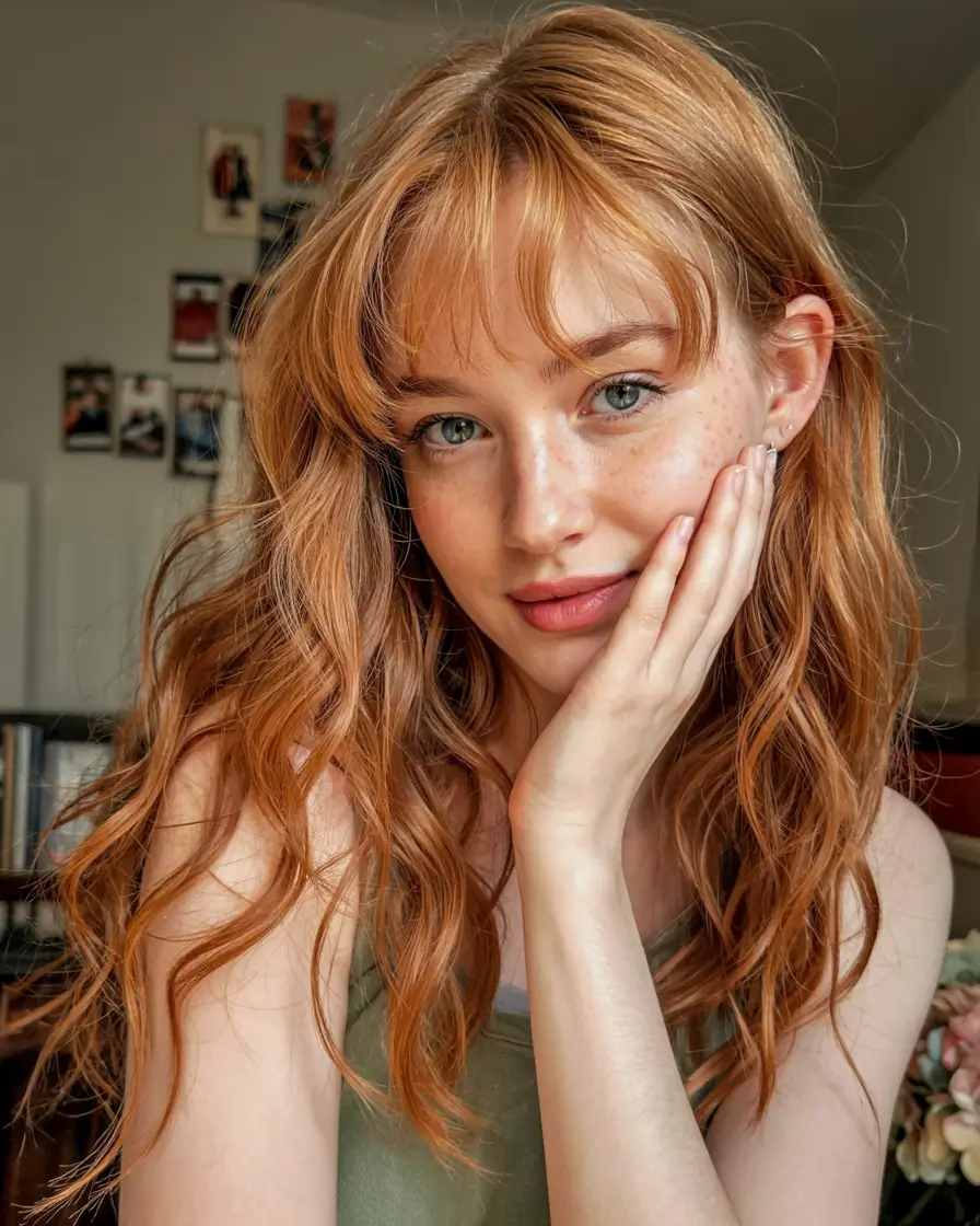 ginger hair color 2026+Peachy Strawberry Curls with Soft Fringe