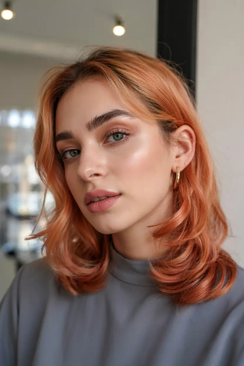 ginger hair color 2026+Apricot Melt Lob with Glossy Finish