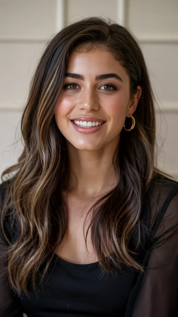 hair color for brown skin tone 2026+Soft Brunette Layers with Baby Blonde Balayage