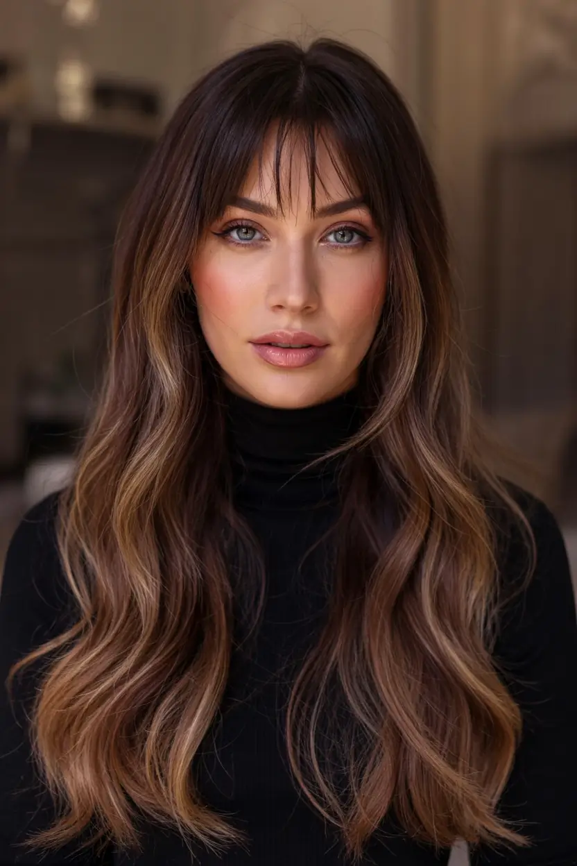 hair color for brown skin tone 2026+Lived-In Mocha Waves with Curtain Bangs