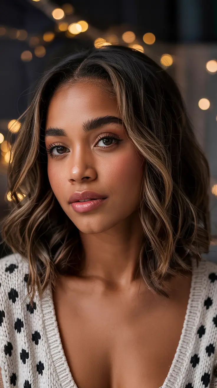 hair color for brown skin tone 2026+Soft Chocolate Lob with Ashy Champagne Face-Frames