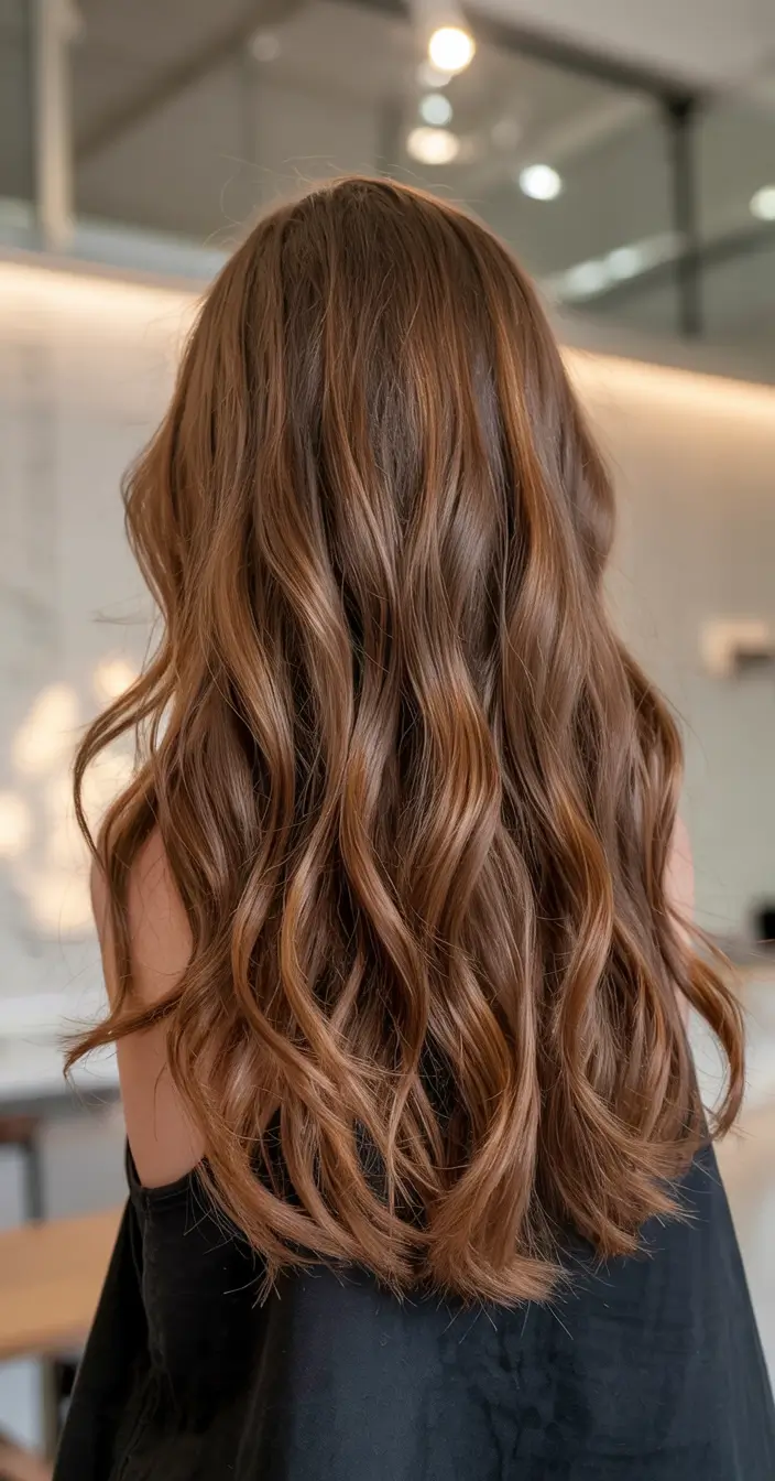 hair color for brown skin tone 2026+Cocoa Caramel Waves with Glossy Dimension