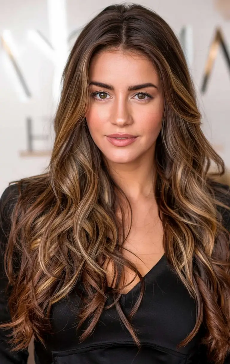 hair color for brown skin tone 2026+Brunette-to-Blonde Balayage with Big Loose Waves