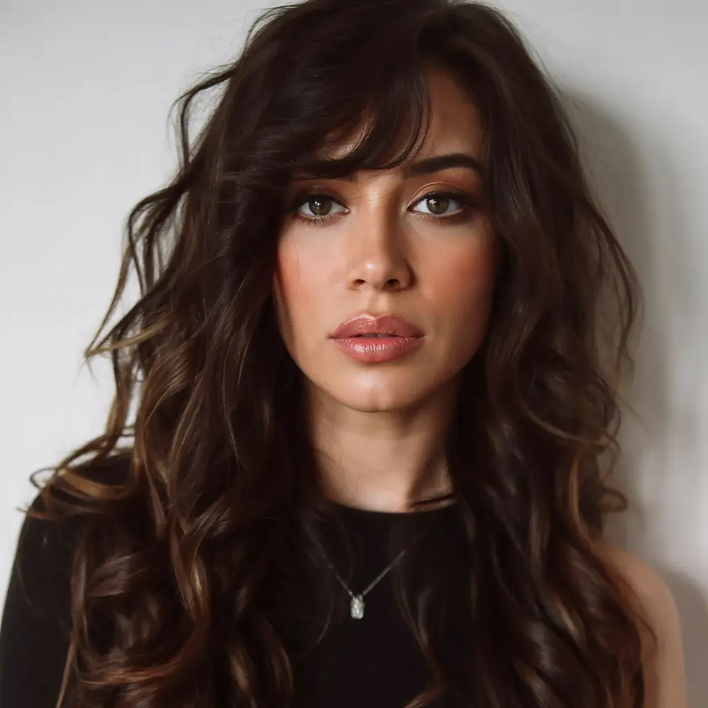 hair color for brown skin tone 2026+Textured Espresso with Face-Framing Curls and Wispy Fringe
