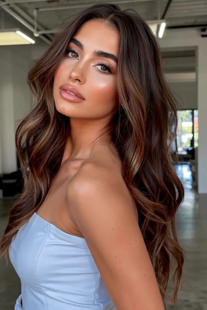 hair color for brown skin tone 2026+Chocolate Ribbon Balayage with Hollywood Waves