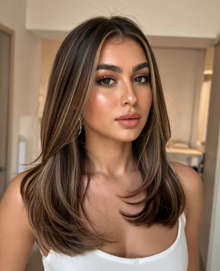 hair color for brown skin tone 2026+Toasted Walnut Layers with Champagne Accent Pieces