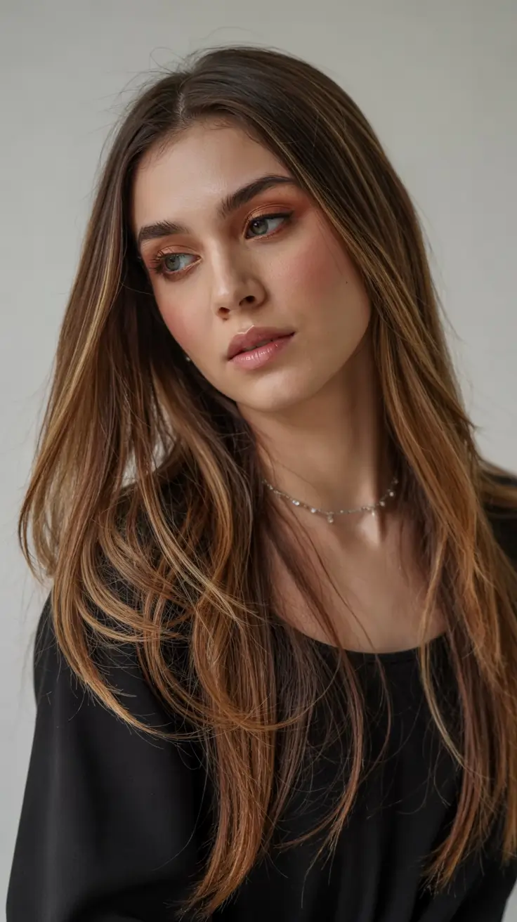 hair color for brown skin tone 2026+Subtle Honey-Tipped Brunette with Long, Layered Flow