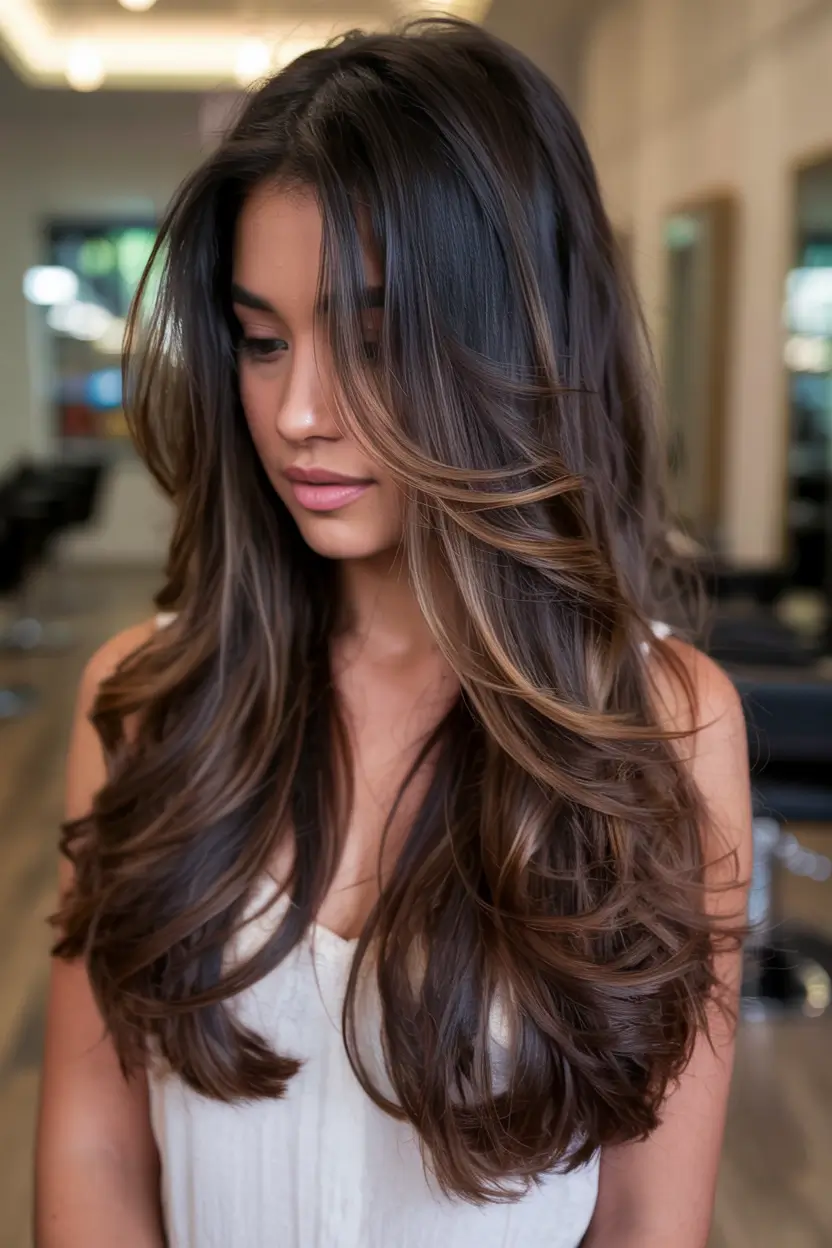 hair color for brown skin tone 2026+Layered Chestnut Swirl with Hidden Ribbon Highlights