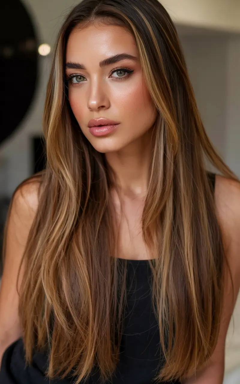 hair color for brown skin tone 2026+Face-Framing Ribbon Balayage on Long Layers