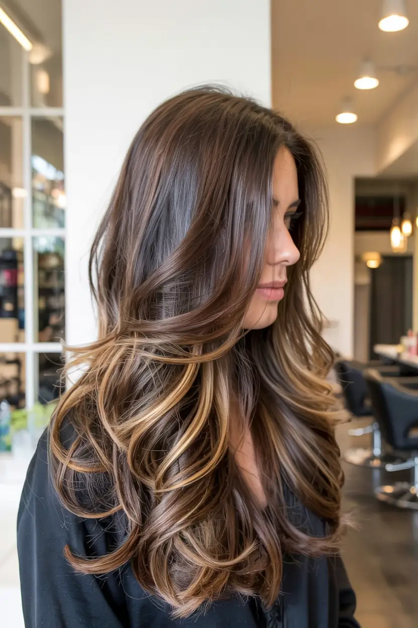 hair color for brown skin tone 2026+Layered Golden Caramel Ends on Deep Brown Base