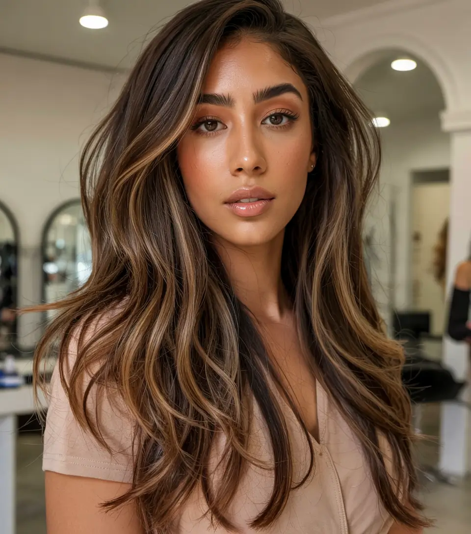 hair color for brown skin tone 2026+Espresso Butter Lights with Lived-In Layers