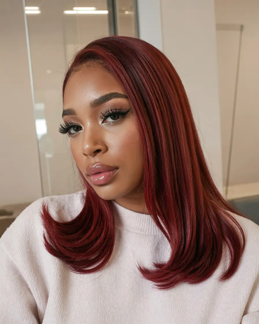 hair color for dark skin tone 2026+Cherry Cola Red with a Blunt Flip