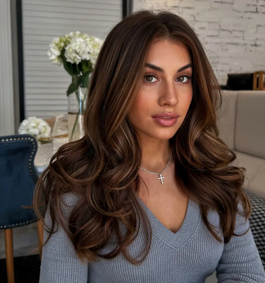 hair color for dark skin tone 2026+Warm Mocha with Caramel Highlights