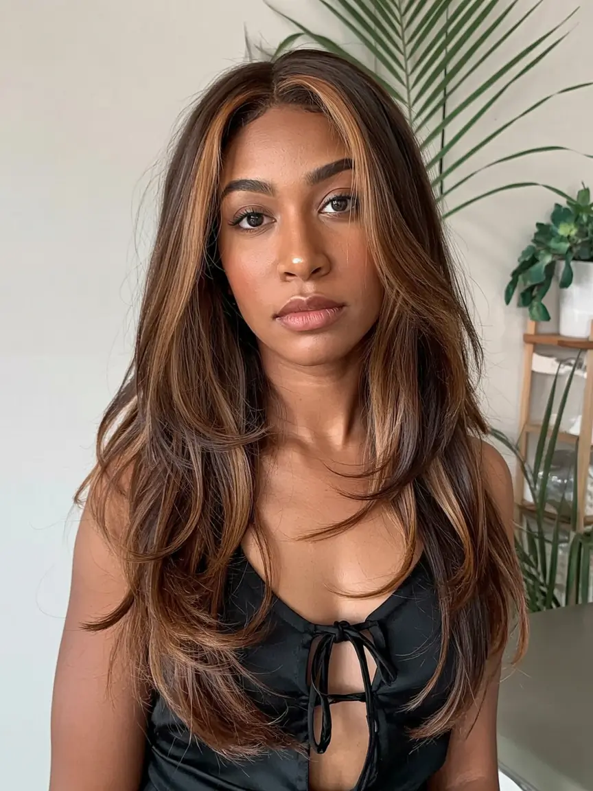 hair color for dark skin tone 2026+Hazelnut Contour Layers with Face-Framing Lights