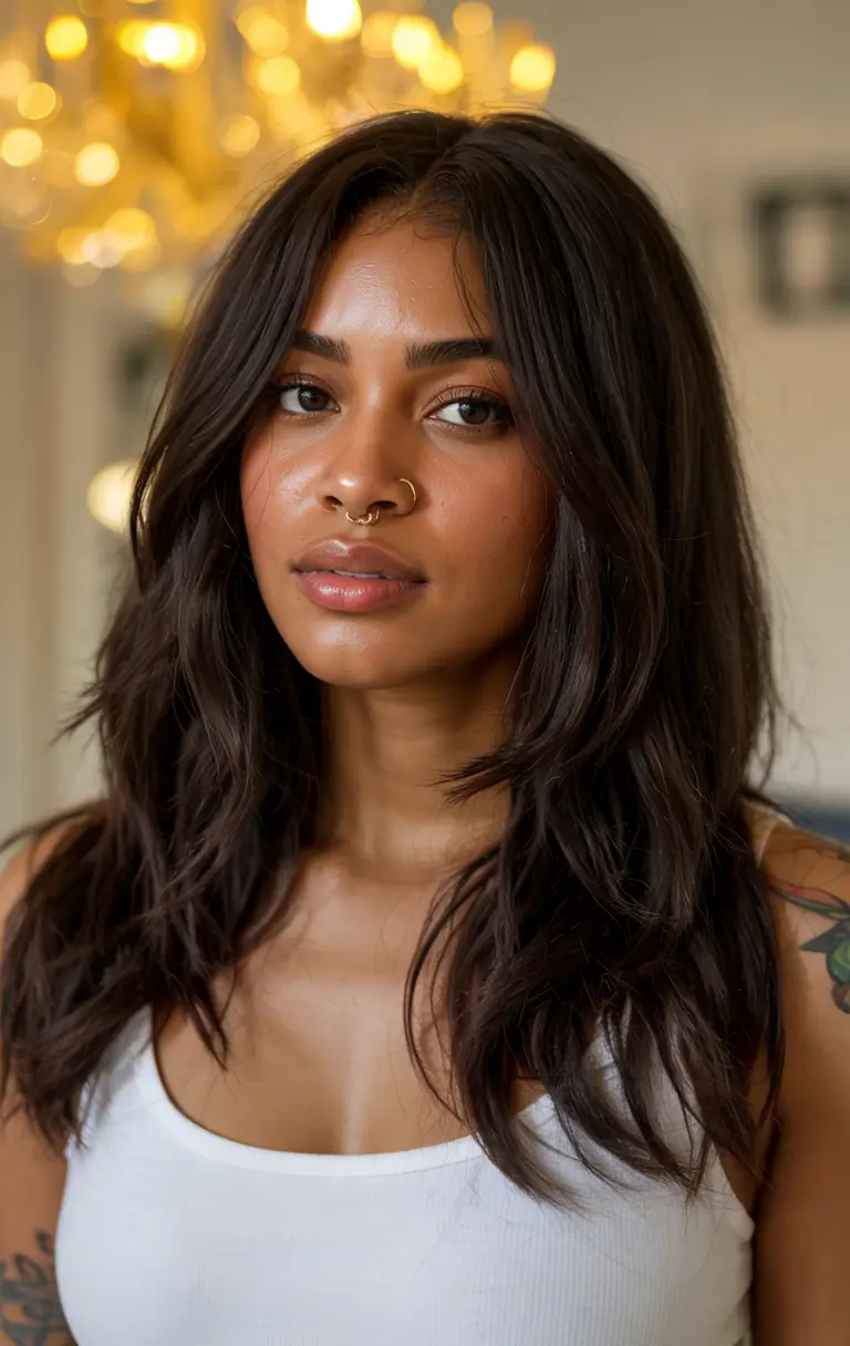 hair color for dark skin tone 2026+Muted Espresso Shag with Effortless Edge