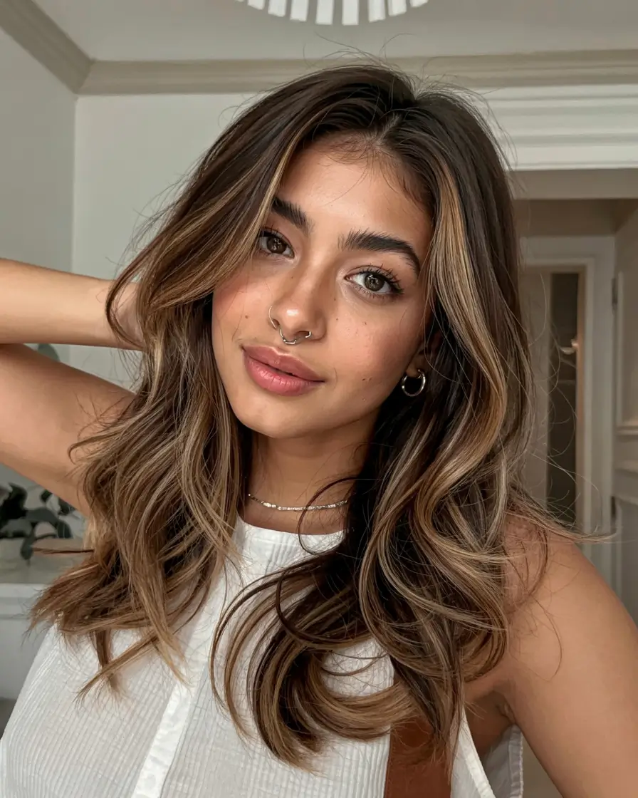 hair color for dark skin tone 2026+Cool Sand Lights on Espresso Layers