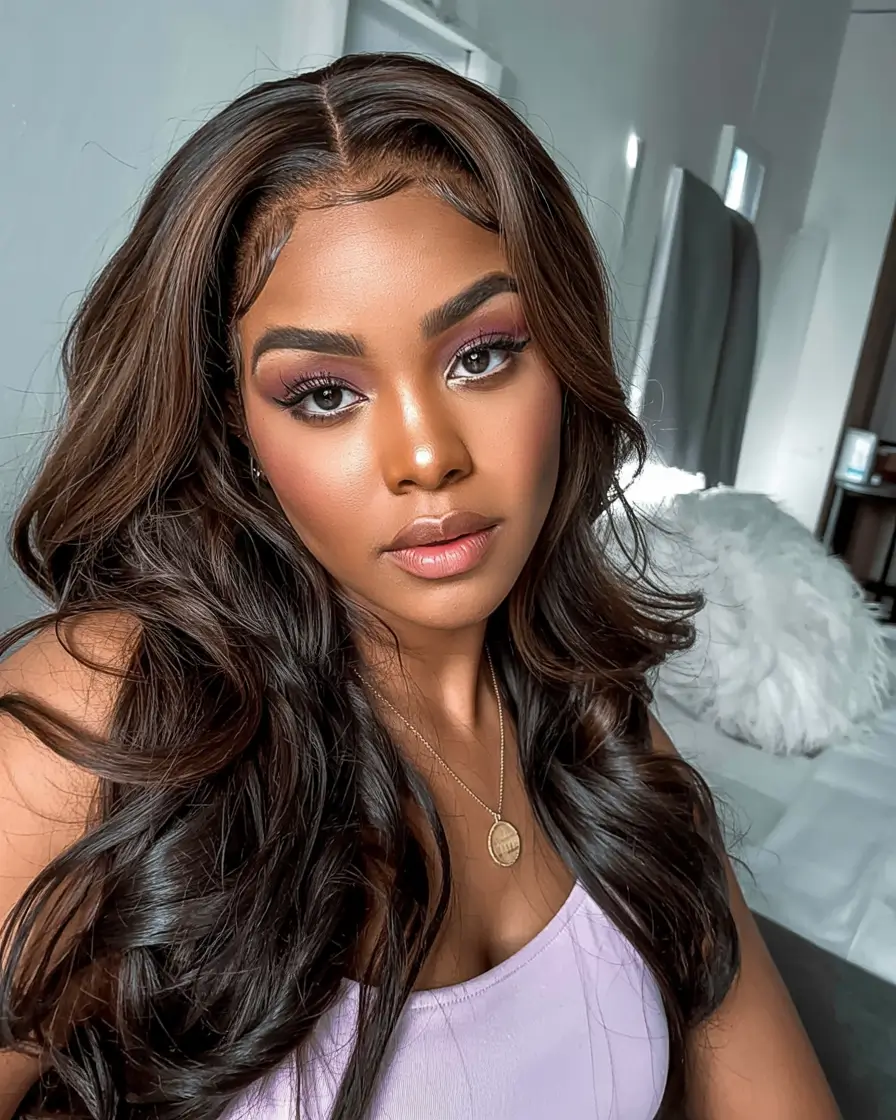 hair color for dark skin tone 2026+Silken Dark Cocoa with Deep Sculpting Layers