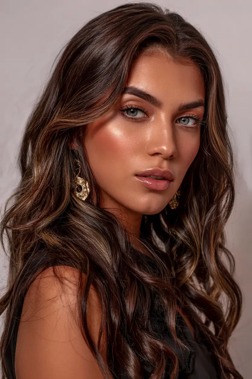 hair color for dark skin tone 2026+Dimensional Chestnut with Amber Threads