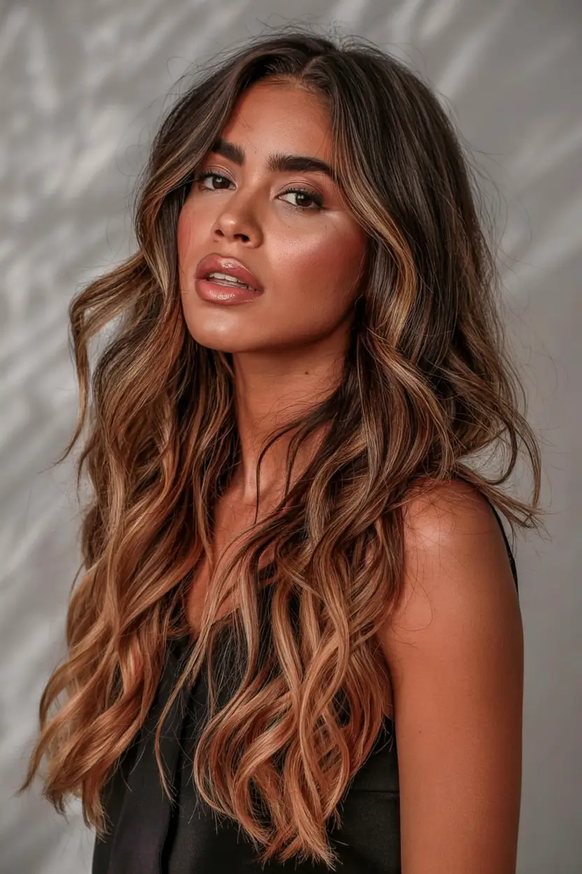 hair color for dark skin tone 2026+Rooty Bronze Ombre with Peach Melt Ends