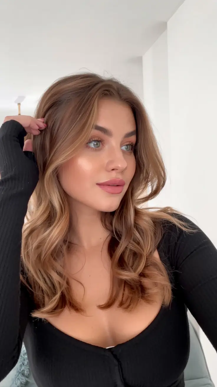 hair color for light skin tone 2026+Amber Mocha Waves with Glossy Ends