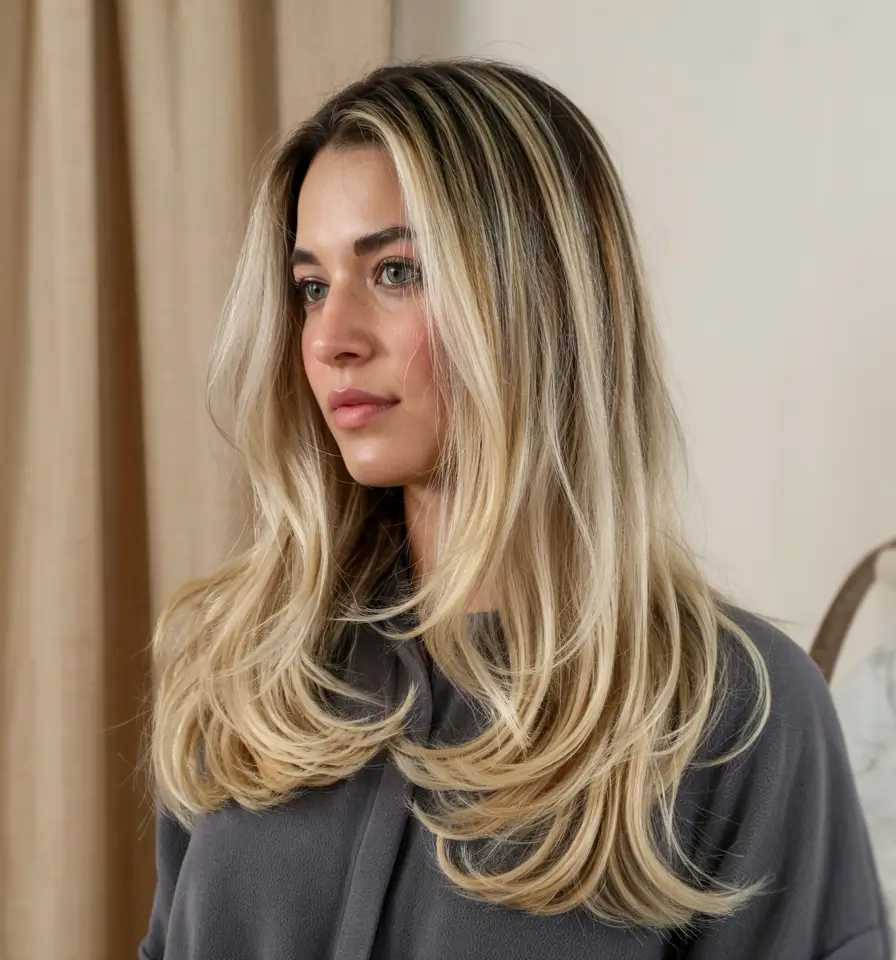 hair color for light skin tone 2026+Icy Champagne Layers with Dark Lowlights