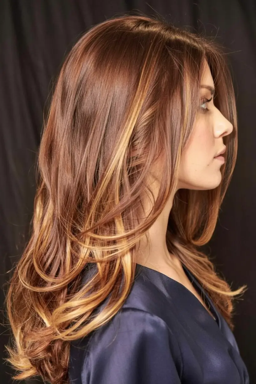 hair color for light skin tone 2026+Warm Auburn Melt with Gold Ribbons