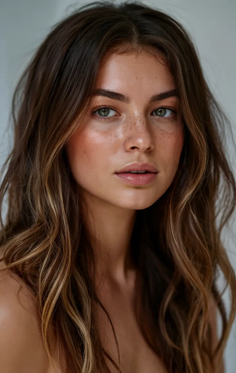 hair color for tan skin tone 2026+Chestnut Balayage With Honey Streamers