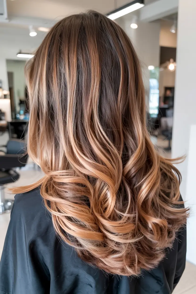 hair color for tan skin tone 2026+Spiced Copper Balayage With Bouncy Layers