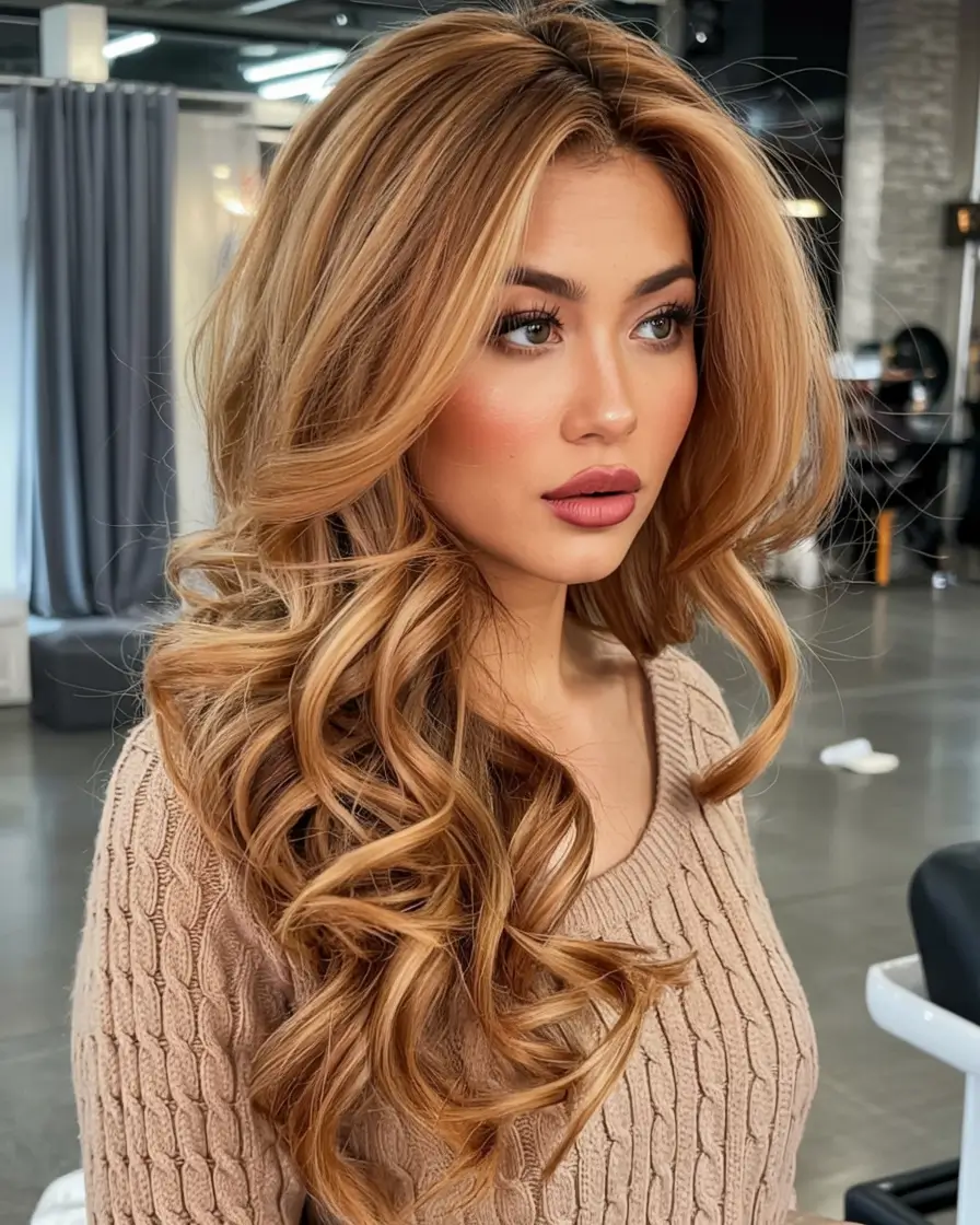 hair color for tan skin tone 2026+Butterscotch Bombshell Waves With Luxe Volume