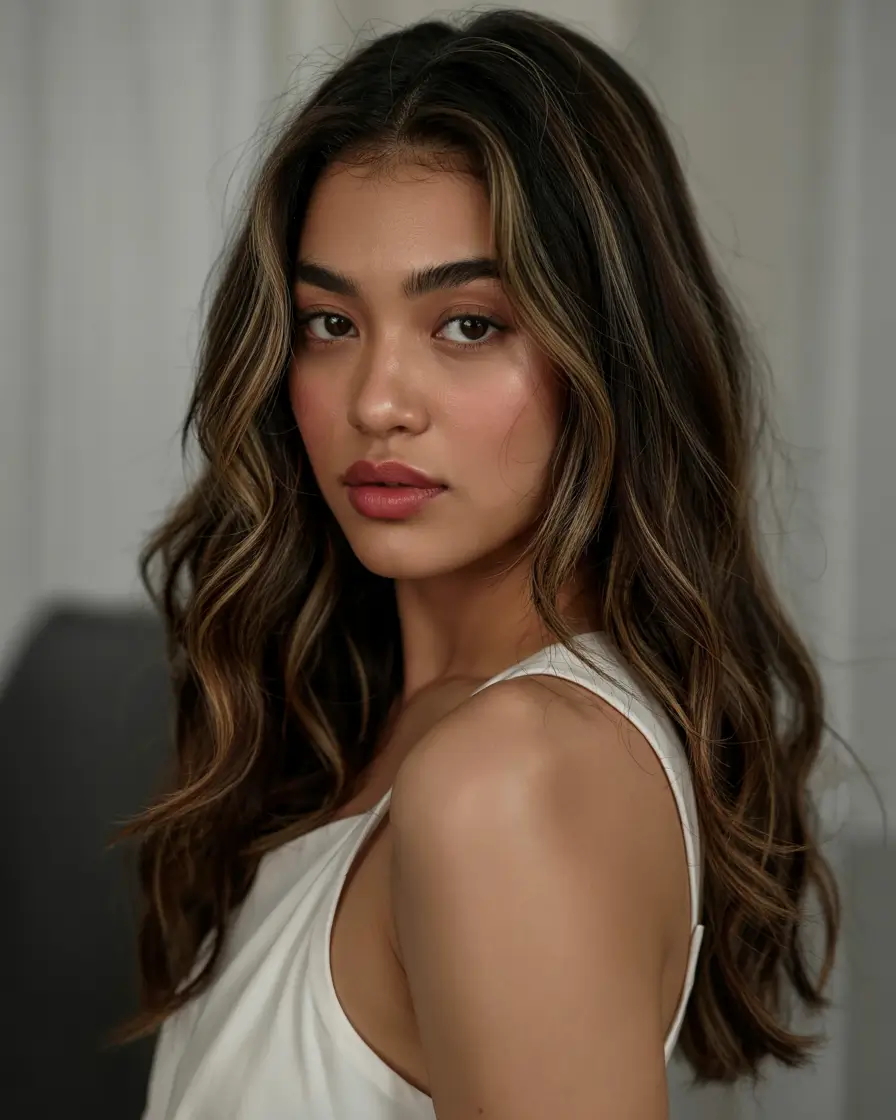 hair color for tan skin tone 2026+Golden Brunette With Contour Highlights