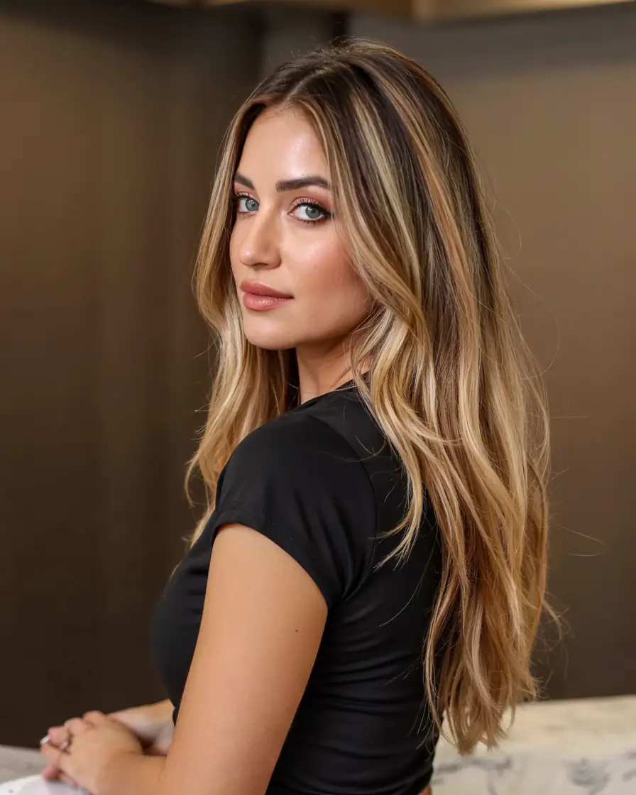 hair color for tan skin tone 2026+Champagne Blonde With Root Shadow