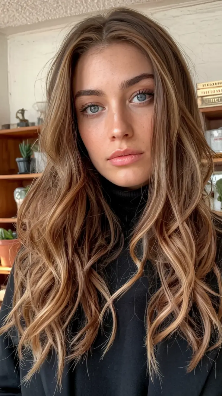 hair color for warm skin tone 2026+Maple Wood Balayage with Boho Texture
