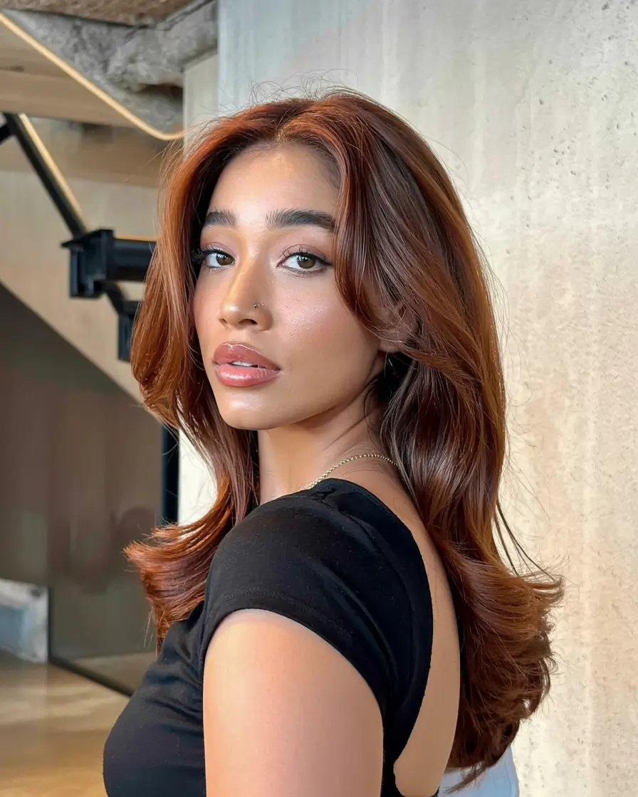 hair color for warm skin tone 2026+Chestnut Mahogany with 70s Volume Layers