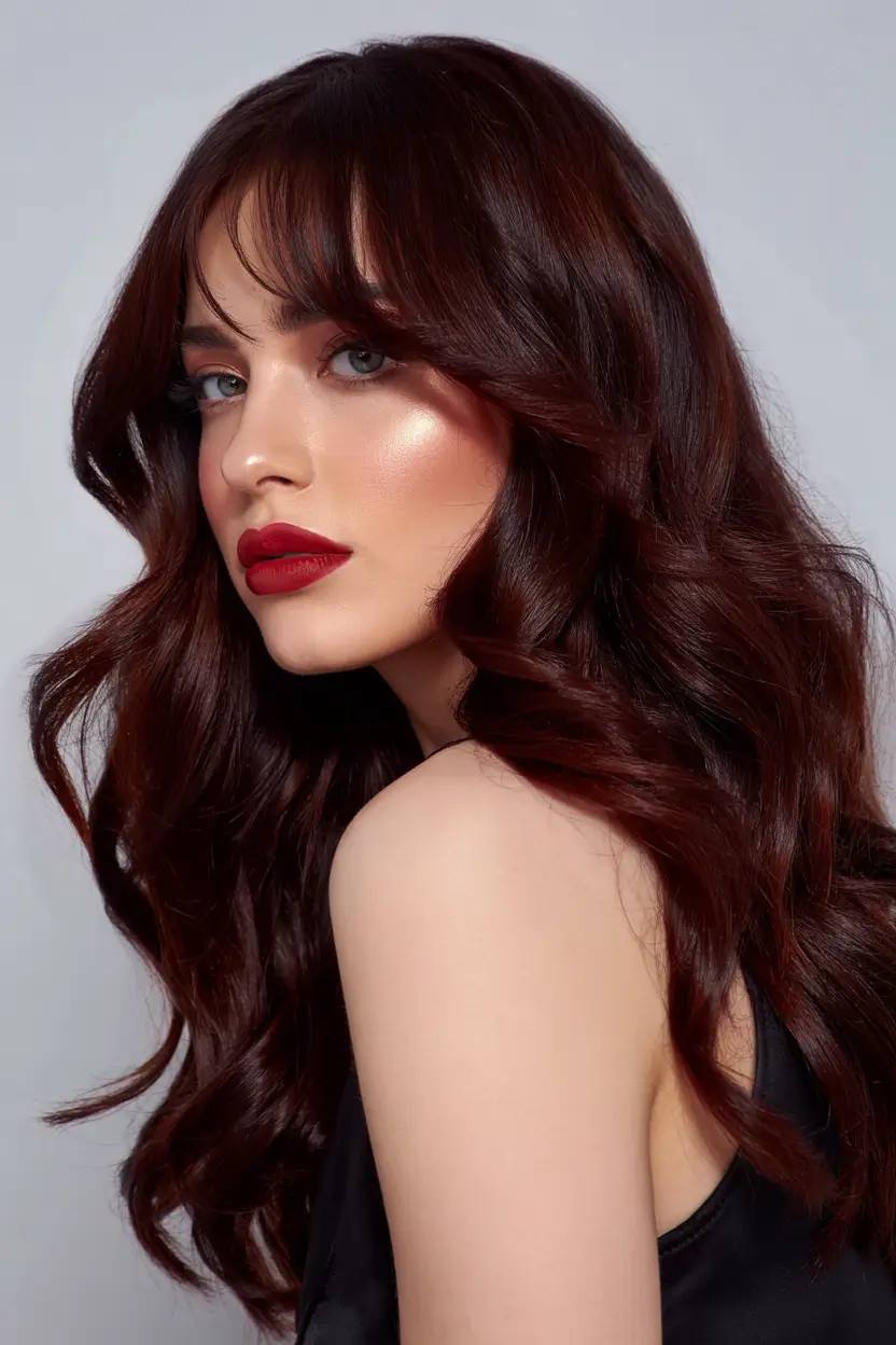 hair color for warm skin tone 2026+Dark Cherry Velvet with French Bangs