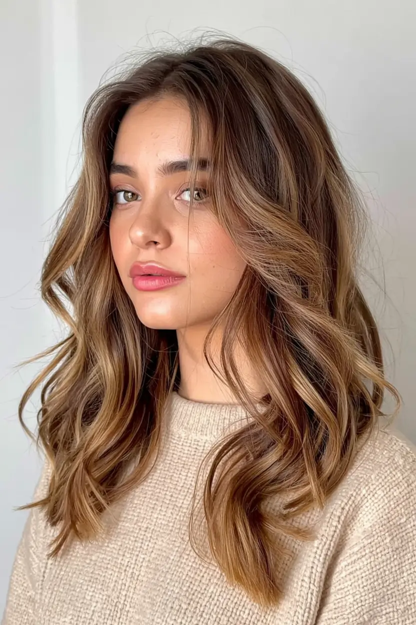 hair color for warm skin tone 2026+Golden Roast Balayage with Mid-Length Layers