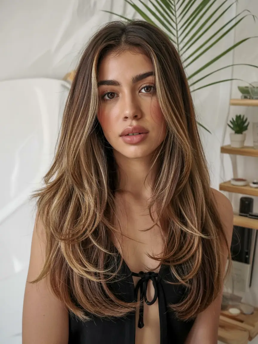 hair color for warm skin tone 2026+Layered Mocha Latte with Curtain Contour