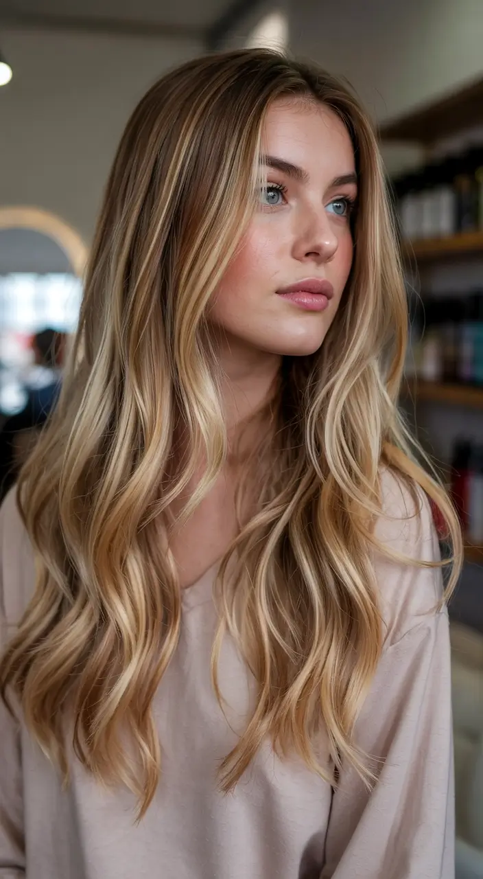 hair color for warm skin tone 2026+Champagne Honey Blonde with Cascading Waves
