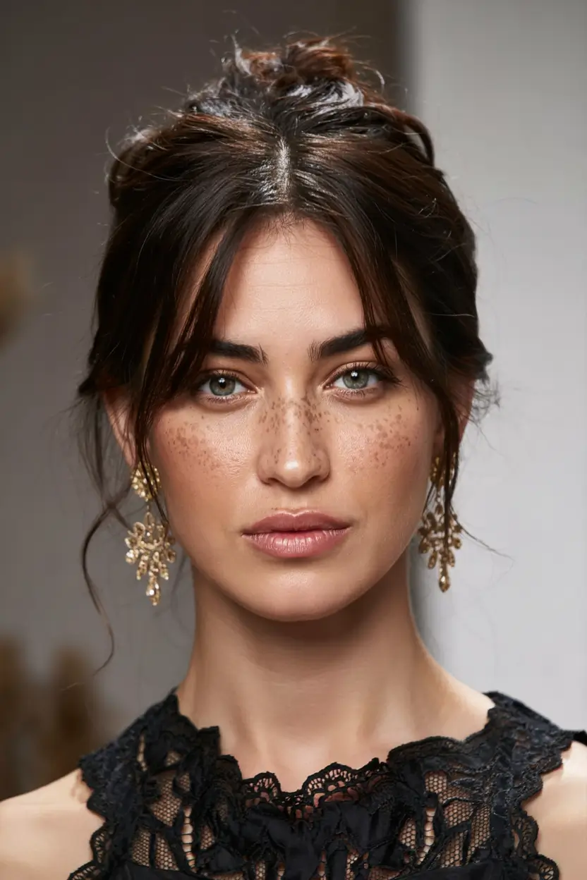 hair color for warm skin tone 2026+Soft Updo with Wispy Curtain Bangs