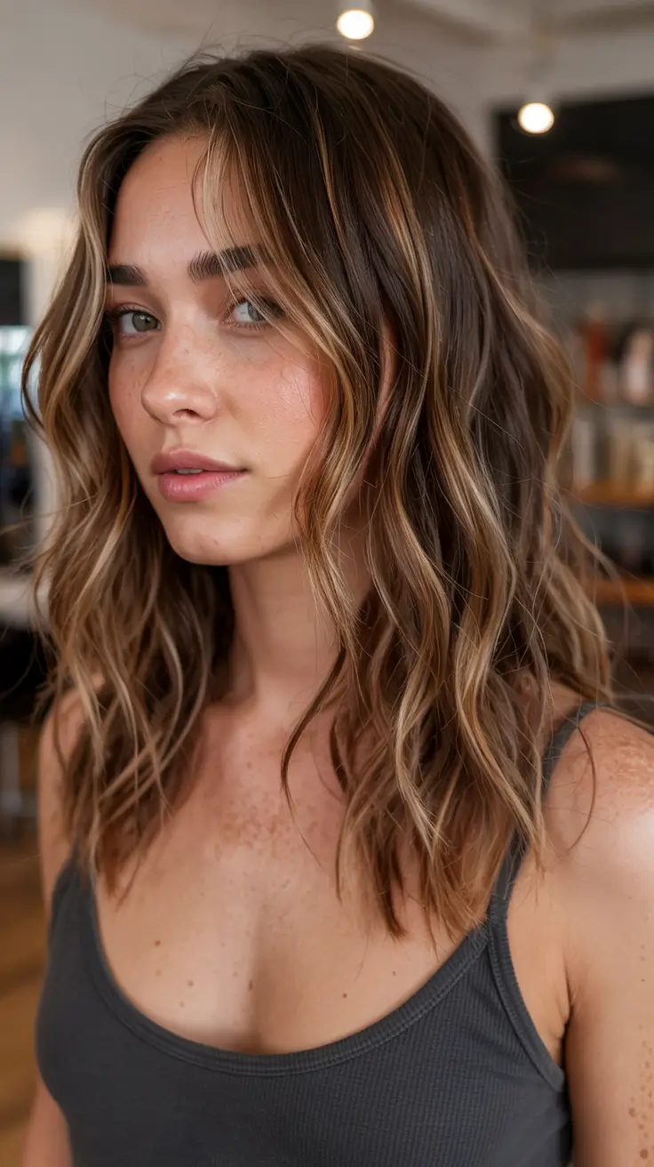 hair color trends 2026 Soft Brunette Waves with Creamy Blonde Threading