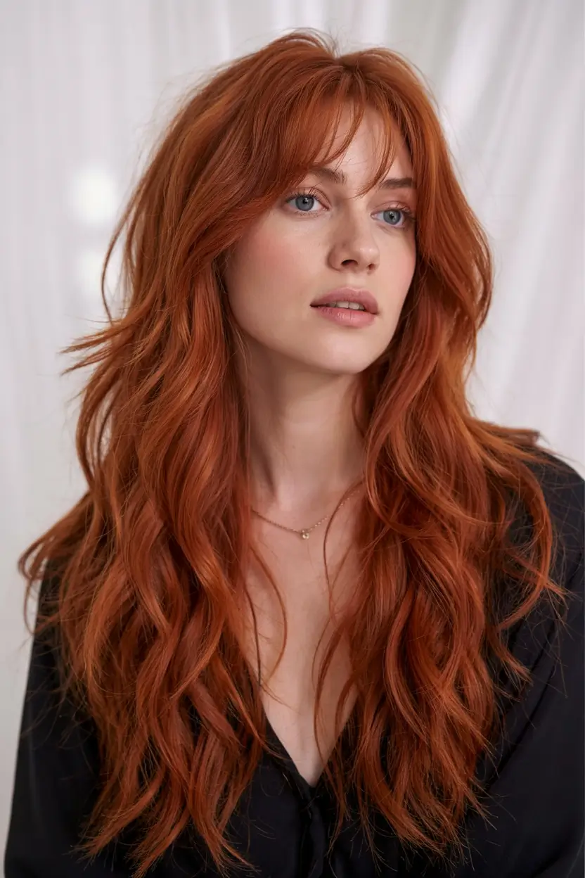 hair color trends 2026 Burnt Copper Layers with Feathered Fringe