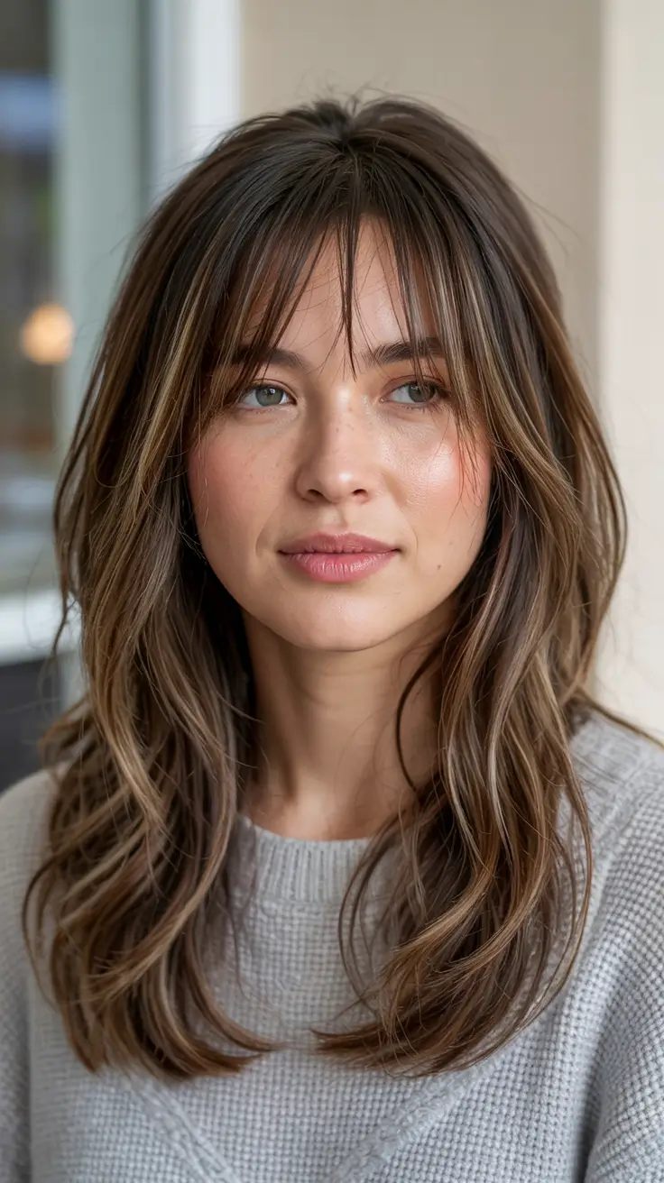 hair color trends 2026 Toffee Brown with Wispy Bardot Bangs