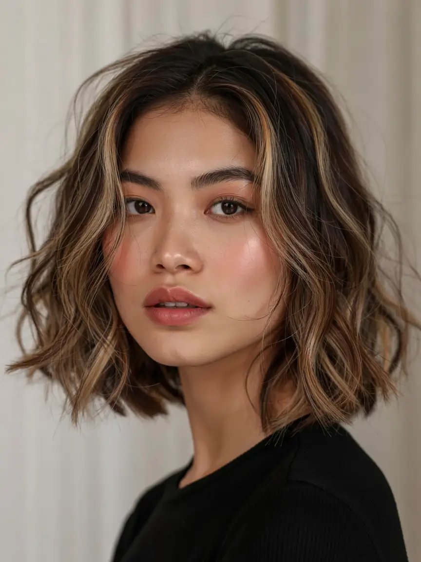 hair color trends 2026 Textured Brunette Bob with Sunlit Highlights