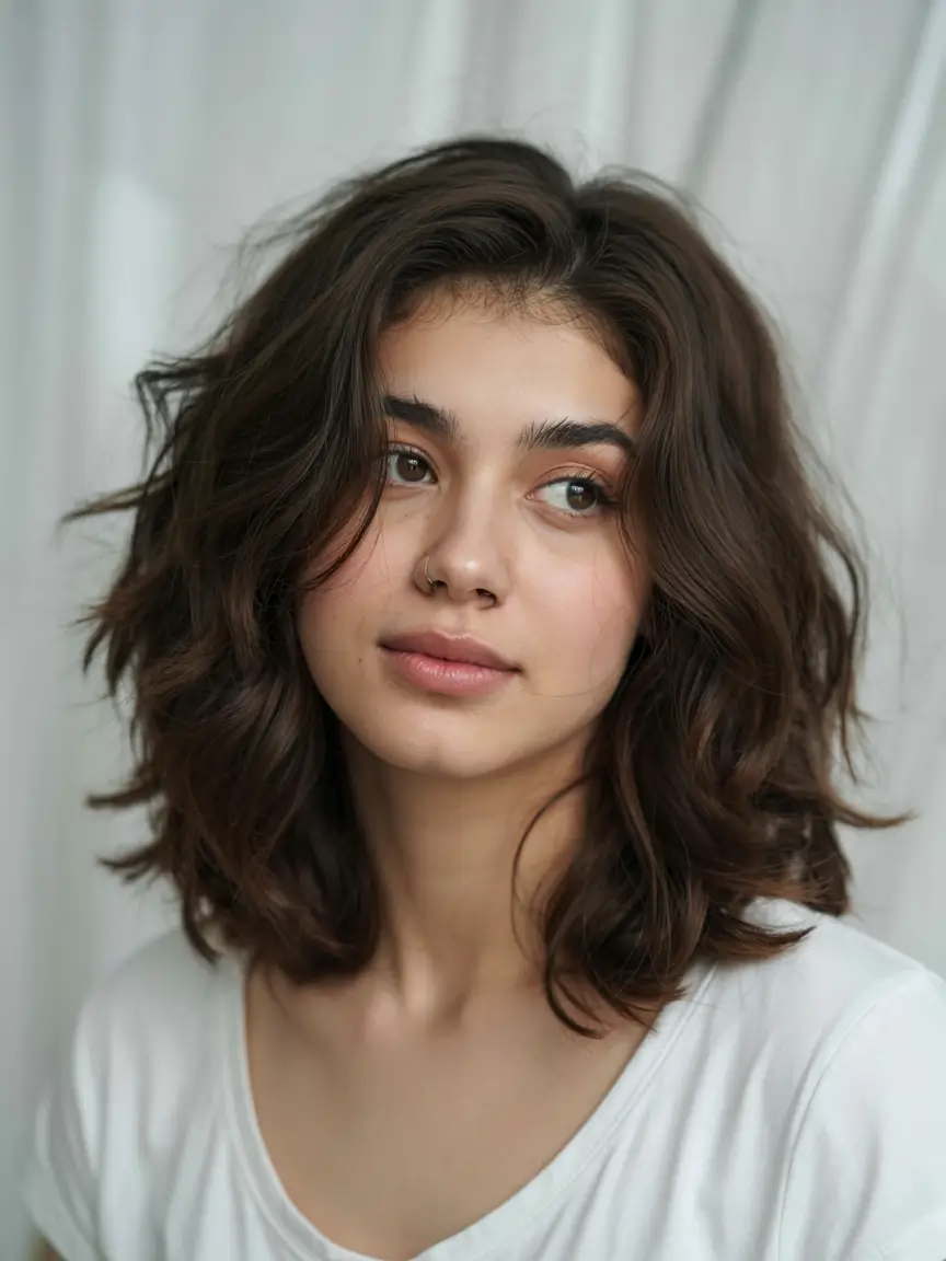 haircut for round face ideas 2026 Undone Shaggy Waves with Fluffy Texture